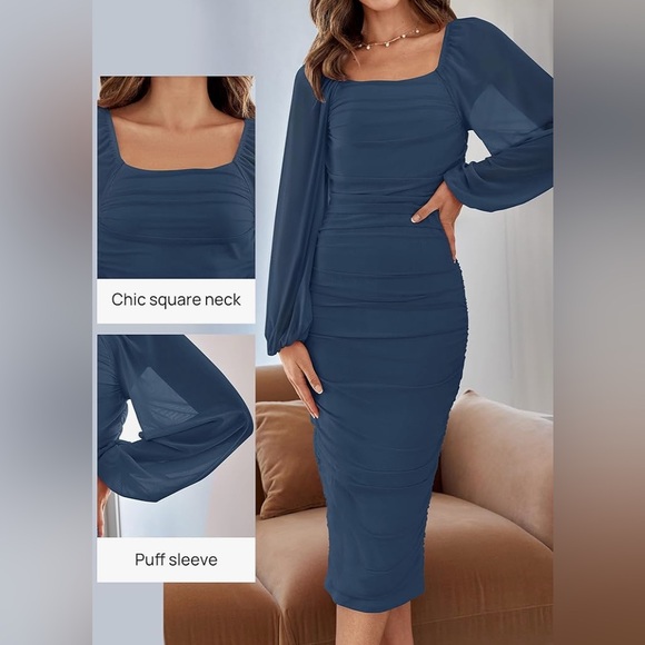 ZESICA Women's Puff Sleeve Square Neck Ruched Bodycon Midi Dress- Size S- BNWT - Picture 4 of 8